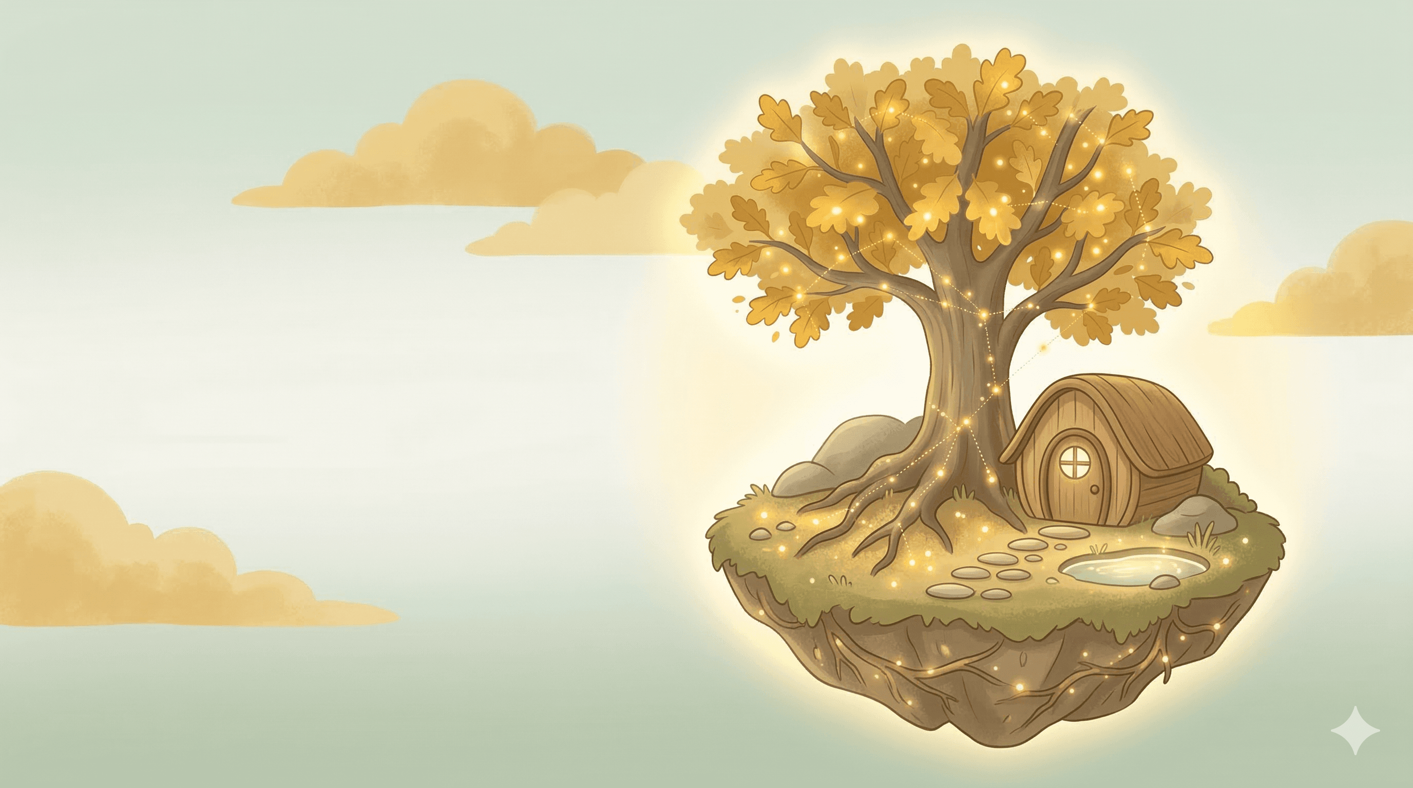 Illustration eines leuchtenden Wissensbaums auf einer schwebenden Insel